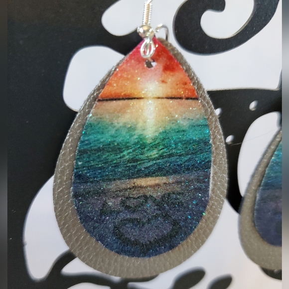 Ocean Sunset Faux Leather Teardrop Earrings - Picture 3 of 13